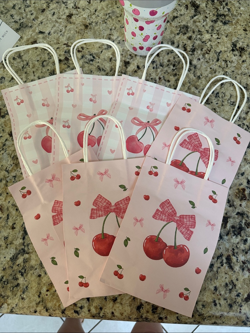 Pink Cherry Gift Bags with Bow - Party Favor Bags Set of 7